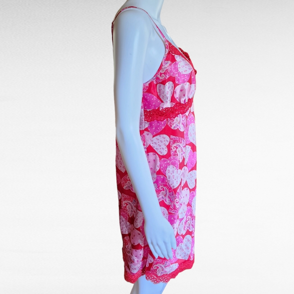 Jaclyn Smith Pink Red Heart Pattern Lace Trim Chemise Size Medium - Picture 4 of 7